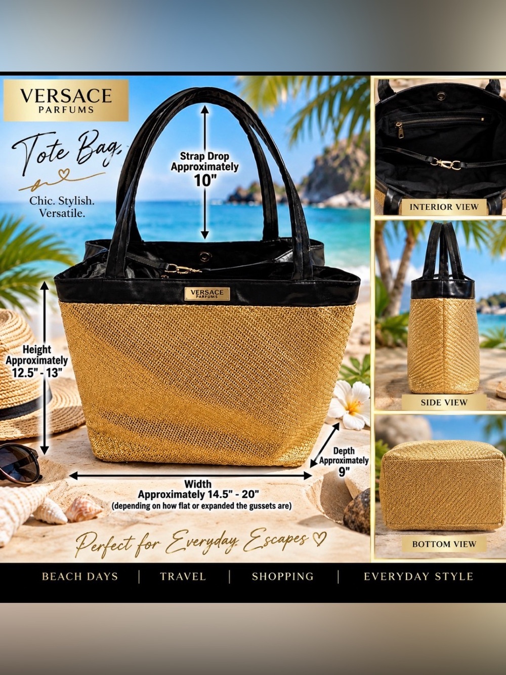 Versace Gold Straw Tote with Black Trim